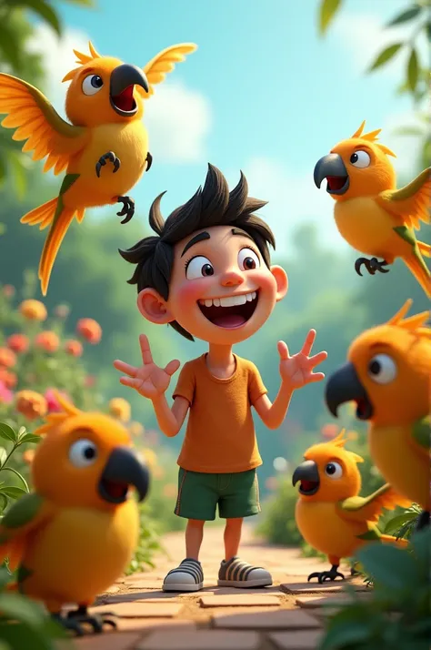 In cenematic 3D Cartoon style "ren in a garden, laughing and pointing at parrots flying or perched nearby.
Some parrots are mimicking the rens voices, creating a playful, joyful atmosphere"