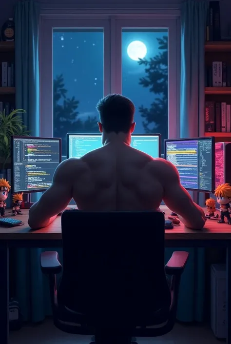  Realistic 70-degree back guy with a muscular figure, but wearing a . Работает сидя на кресле на компьютере кодирование,  coding works while sitting on a chair on a computer with a beautiful RGB computer case and naruto anime figures on the table.  Books o...