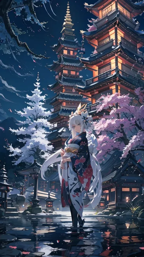  anime girl standing in front of Pagoda wears a kimono costume、 The , Nightcore, Anime Cover,  ayaka genjin impact , White-haired God, Anime Wallpaper, best anime 4k konachan wallpaper, anime wallpaper 4k, Anime Wallpaper 4k ,  Anime Art Wallpaper 4K, anim...