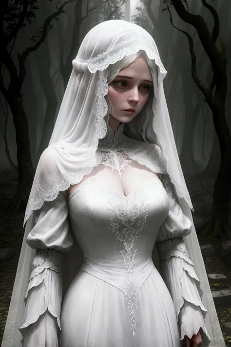 A spectral vision of the White Lady stands in a misty, moonlit forest beside the ruins of an old castle. She wears a long, ghostly white dress that seems to merge with the fog, her figure faintly glowing against the dark trees. Her face is veiled and sorro...