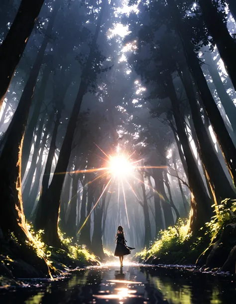 in the deep dark forest、大treeの傍の苔むした地蔵、tree々 sun shining through