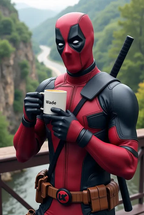 Deadpool wearing udi and take wade name coffee cup set a bridge see on the road