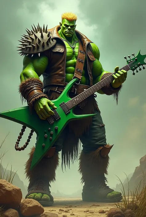 green, Huge orc, with blond ,  with his hair combed up and small bristles,  in a leather jacket with spikes, ,  holds a green guitar 