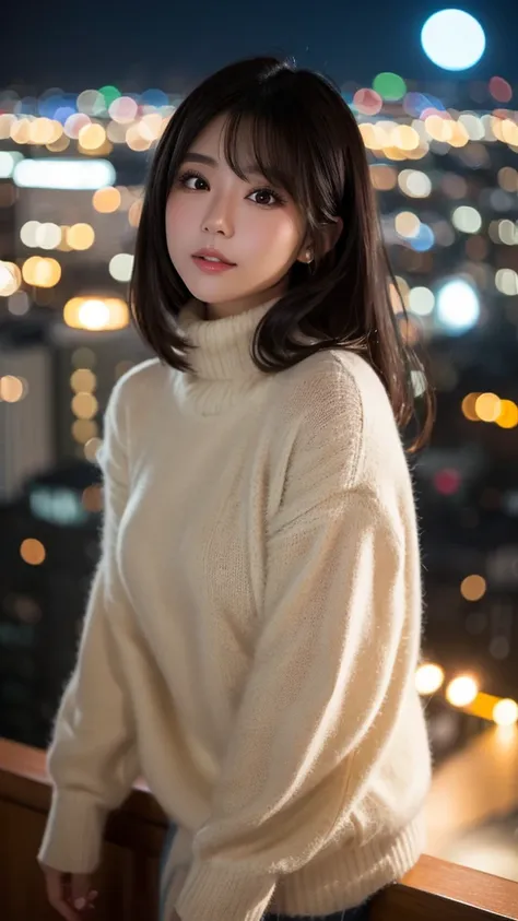 Best Quality　 face up 　Small mouth　A super beautiful Japanese woman　Sparkling Eyes　 Glamorous Body 　 boyish hair　Thick, fluffy knit sweater with turtleneck　 Seductive Poses　 ball blurry light only background　Night view from a high place 