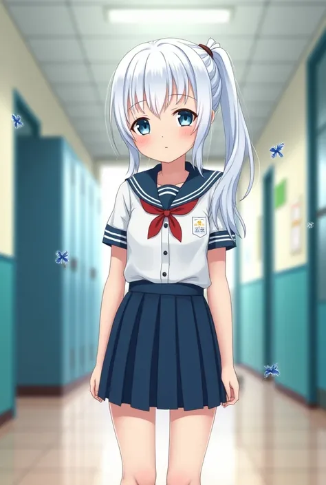 Russian girl, anime, , school clothes, skirt, white hair, blue eyes 