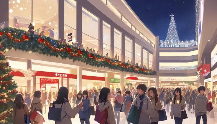 christmas、night、 shopping mall surrounded by high school students、 light up