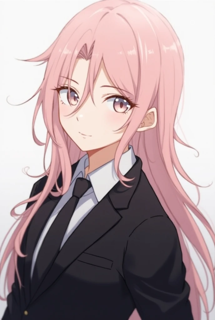  anime style、 light pink hair 、Neutral face、male、All black suit、Long Hair、smile