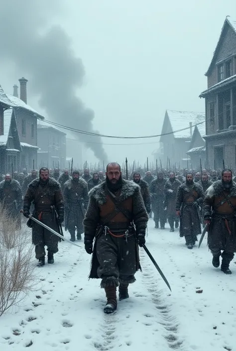  A large Viking army walks through a burning medieval village , A snowstorm hits 