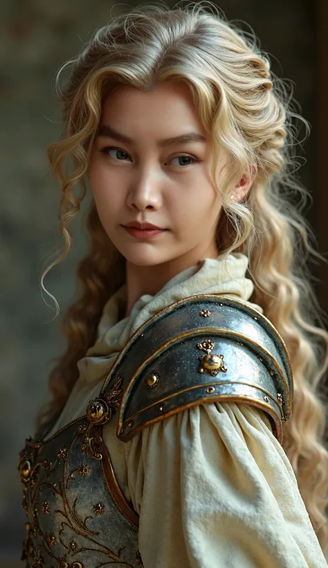 1girl, masterpiece, best quality, 8k, detailed skin texture, detailed cloth texture, beautiful detailed face, intricate details, ultra detailed, a european girl, green eyes, blonde curly hai, 3D character, Medieval Knight