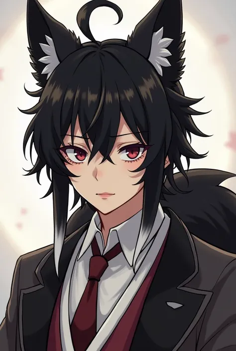  Akutagawa Ryunosuke in the Bungo Wild Dog ，male，Im staring at you with disgrace in my eyes ，Q version， has meteorite Benmokus ears and dog tail 。Black-haired and dark-eyed ，, but the tips of my hair hanging down the sides of my cheeks are white