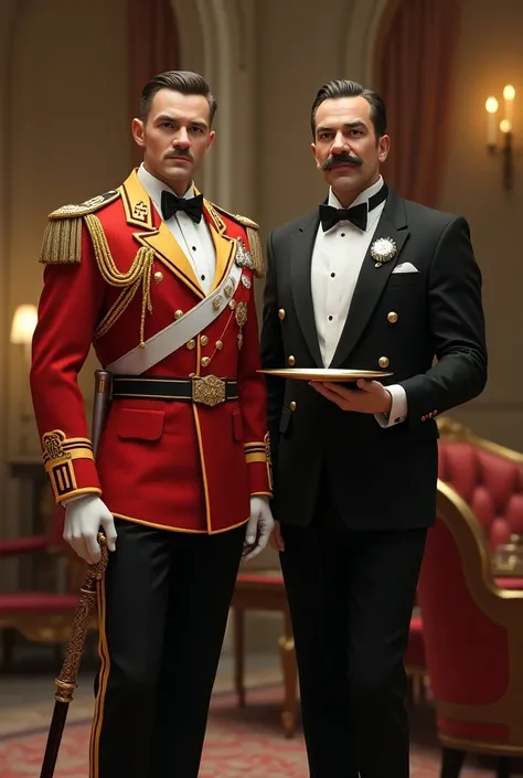 A white man , wearing a luxurious red-and-yellow officers dress, with a sword hanging from his waist ,A black butler holding a tray with a golden cane ,With a mustache, in a super luxurious villa, standing next to him ,Realistic style