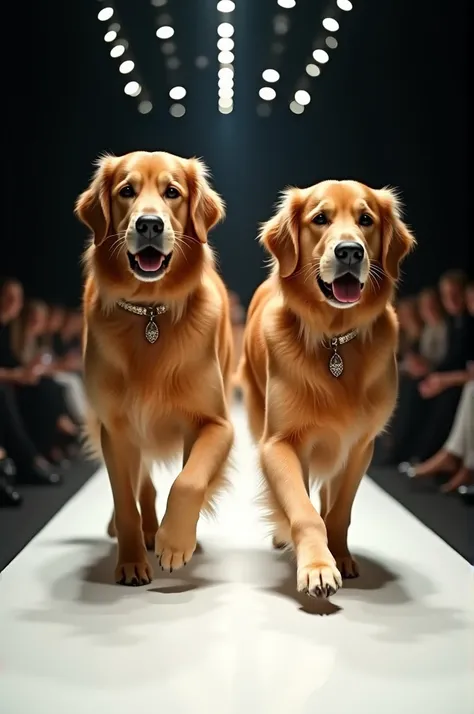 PAIR OF GOLDEN RETRIVER DOGS PARADING ON A RUNWAY 