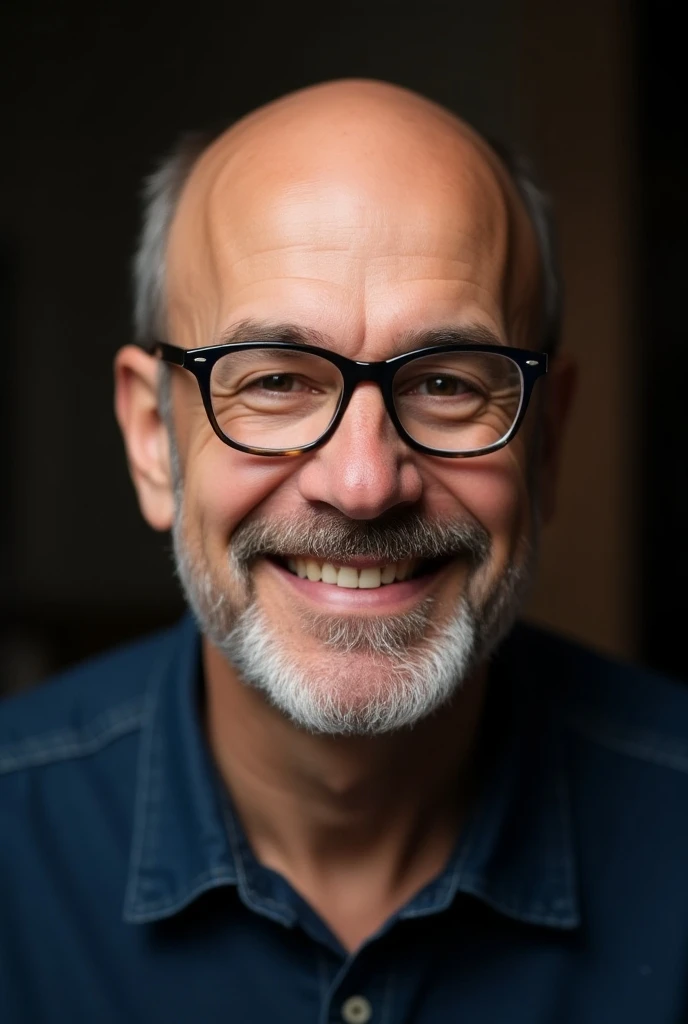 A 38 , old man with a smiling face and wearing glasses and a dark blue shirt and a little bald and a little beard/moustache