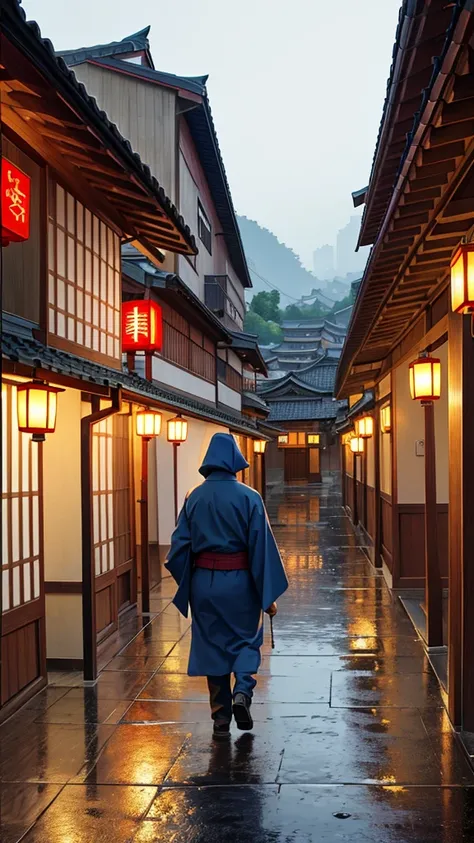 arafed view of a village with a lot of lights on the buildings, dreamy chinese town, chinese village, amazing wallpaper, japanese town, japanese village, hyper realistic photo of a town, old asian village, japanese city, by Raymond Han, rainy evening, cybe...