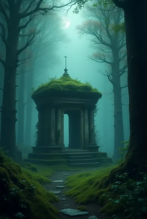 scene:  The forest is full of thick fog and soft light emanating from the crevices of the trees.  In the middle of the forest there is an old temple with moss-covered pillars and vines .
Characteristic :  A mysterious and serene atmosphere ,  where moonlig...