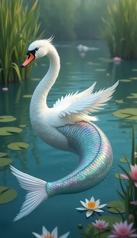 Here’s a prompt featuring a swan-fish hybrid:

---

**Prompt**:  
"In a serene lake surrounded by tall reeds and vibrant lily pads, a mesmerizing swan-fish hybrid glides gracefully through the water. The creature has the elegant, arched neck and pure white...