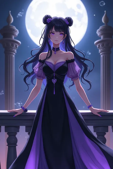 Neherenia mature woman anime lilac eyes long wavy black hair with two small bunguitos up ,  long black and lilac dress without shoulders heart-shaped neckline transparent short sleeve on the balcony of her palace in the moon full body anime style 