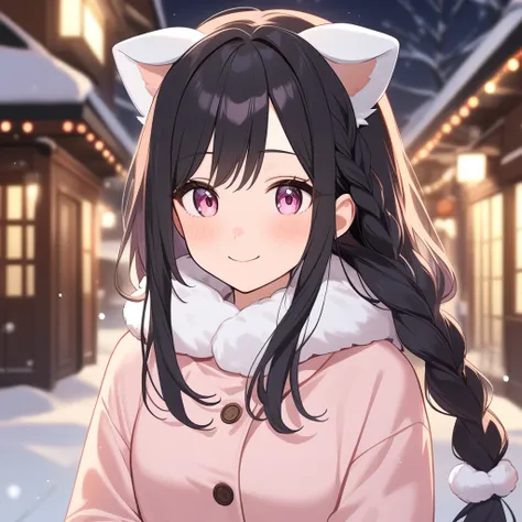  1 girl, Long Hair,  animal ears , ,Dog ears, smile, Black Hair, pink eyes, muffler ,Fluffy,winter,night,My face feels hot,upper body single braid, 