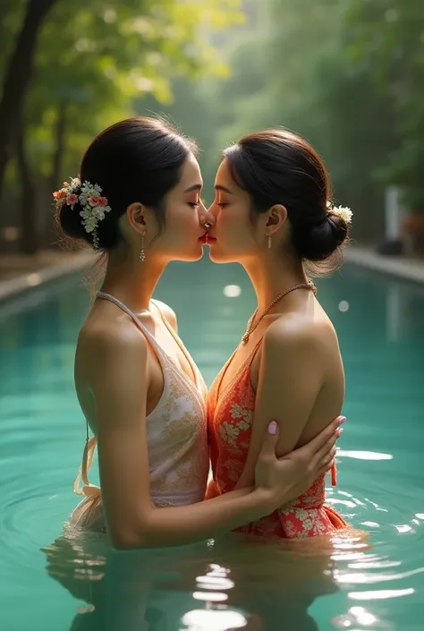 Young Woman Wearing Vintage Thai Costume Two Kissing Each Other In Water Pool Realistic