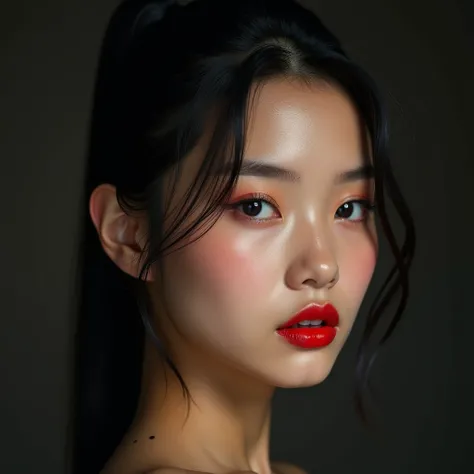   Korean woman with oily brown and shiny skin    , Oriental black eyes     ,   Voluminous lips with plain red lipstick ,  long hair,  and black lipstick tied in a ponytail  