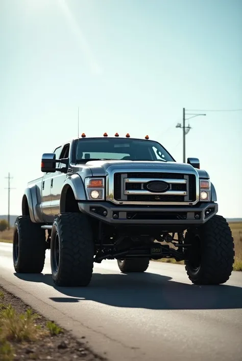  Image of a customized truck with the front lowered and the rear raised.  The truck has an aggressive style ,  with the front suspension very low and the rear raised ,  giving an imposing and unique look .  The vehicle is robust ,  with large tires and chr...