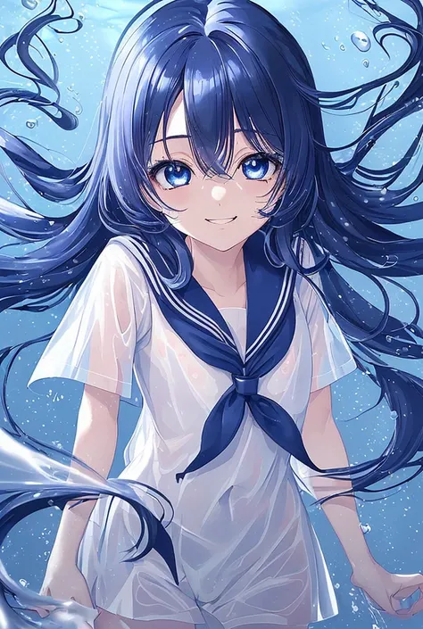 ( see-through :1.3),白い sailor suit,Sailor Dress, white theme, school uniform,  sailor suit,  watching viewers ,  Madness,  long disheveled hair ,   BEAUTIFUL WITH DETAIL BEAUTIFUL EYES  ,Hair shines,Dramatic angle, blue sailor color ,  tight chest, smiles ...