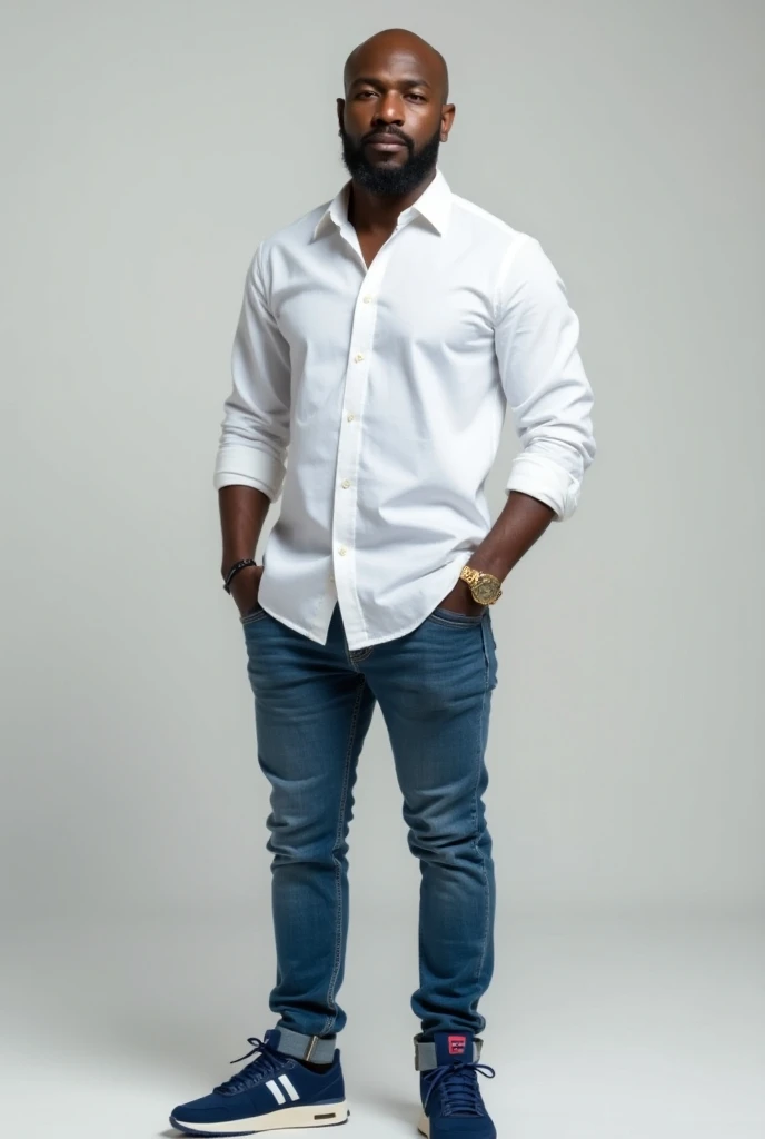 black man , CALVO, with beard, using jeans, white shirt,  And gold watch on the left arm Fila blue sneakers