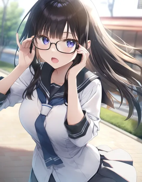 1girl, little female, school uniform, beautiful breasts, glasses, hanme, open mouth, (yawn:0.3), sleepily, outdoors,wind, game CG break,((artist:shida_kazuhiro)),(artist:mitsumi_misato),(artist:fujiyama),,(masterpiece), (best quality), (ultra-detailed), ve...