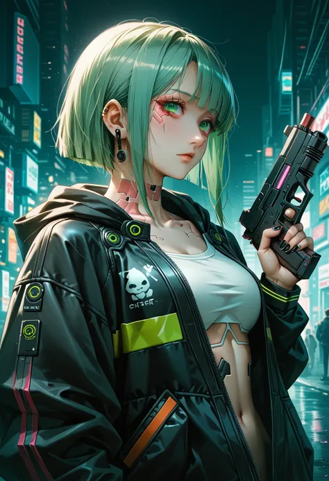  a woman with green eyes and a black jacket holding a gun, cyberpunk anime art, chica anime cyberpunk, best anime 4k konachan wallpaper, anime girl cyberpunk mech, female cyberpunk anime girl, cyberpunk anime art, anime style 4k , digital cyberpunk anime a...