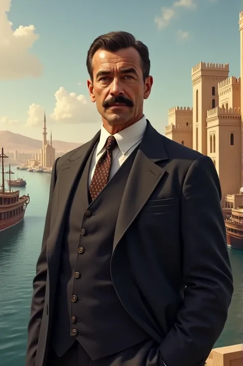  Create an image of a tall 40-year-old man with black hair and mustache, He wears a suit and tie,  draw o on the Suez Canal in Egypt in the 1800s , Please .