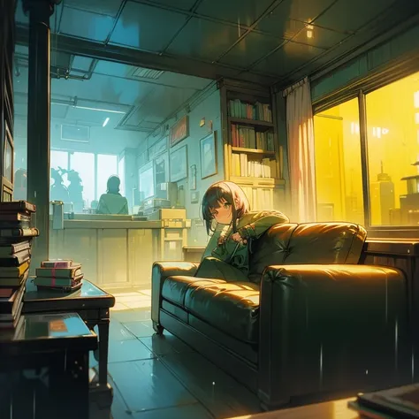 lofi LOFI chill レコード　 cyberpunk　neon　evening　rain　warm　room　Sofa　green　 coffee cup 　 steam 　cat　 big window　A lot of books on the bookshelf　Angle of view from a distance　Look outside