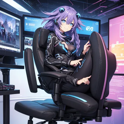  Top quality 、 Superior Image Quality 、​masterpiece, casual clothing long leather pants black jacket with pink bands white t-shirt with Neptunia drawing、CABELLO MORADO、Open your chest wide、happiness、accessories, Sit on a chair、A thin、A smile,  gaming headp...