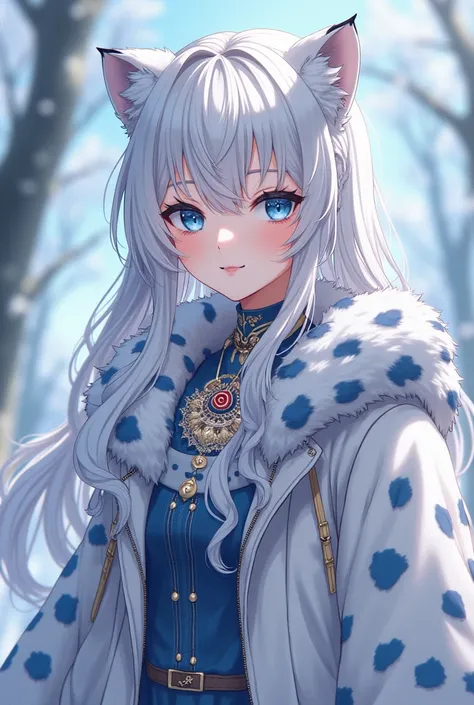 A picture of a 170 cm tall Snow Leopard anime girl with blue eyes and beautiful white hair with attractive clothes and beautiful accessories