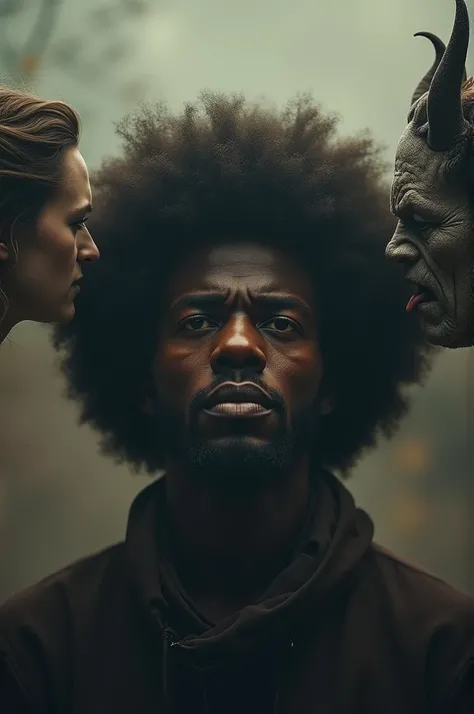 Give me the full HD image of an Afro man whispering an angel in his right ear and a demon in his left ear