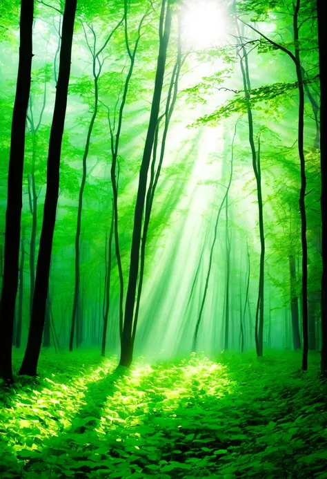 silent forest,  sunlight filtering through the trees, light fog, soft light, green leaves, mysteries of nature, light in the for...