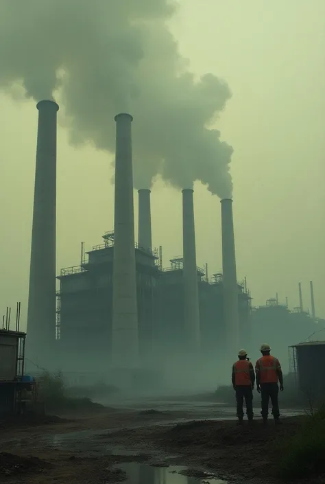 "An industrial area filled with large factories releasing dense clouds of dark smoke into the sky, creating a hazy, polluted atmosphere. Nearby, modern capture devices with large filters and metallic pipes are positioned around the factories, actively pull...