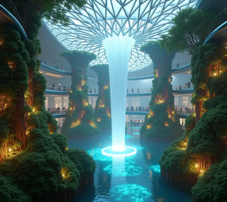 Le Jewel Changi Airport de Singapour, 400 ans dans le futur, réimaginé comme un havre ultramoderne de verre, de métal bio-organique et de végétation intelligente. La cascade emblématique de laéroport est maintenant un vortex deau flottant, entouré de jardi...