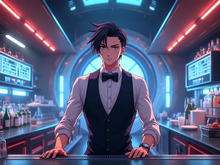 Male, bartender, Black Hair, silver eyes, 135mm, Canon, Anime, Anime Style, Unreal Engine, UHD, sci-fi, science-fiction, waistcoat, vest, bow tie 