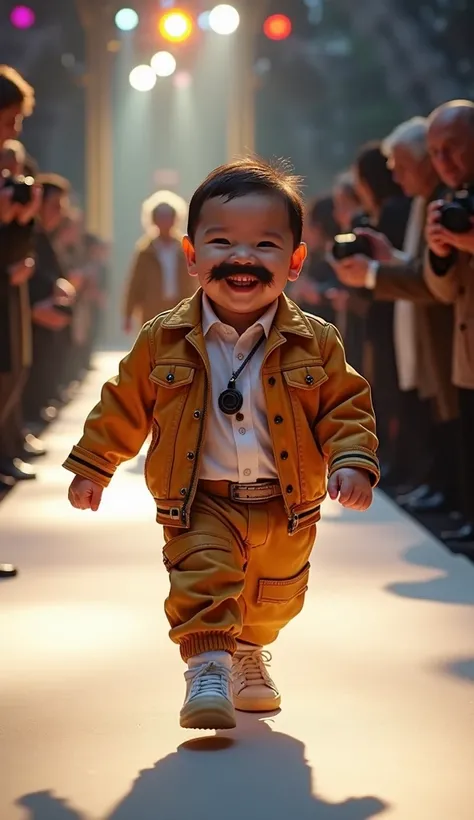 A hyper-realistic 8k image of a chubby baby looking like Freddie Mercury, smiling happily as he walks down a fashion runway. The baby is dressed in a stylish outfit, with a small mustache and iconic clothes reminiscent of Freddies signature style. The catw...