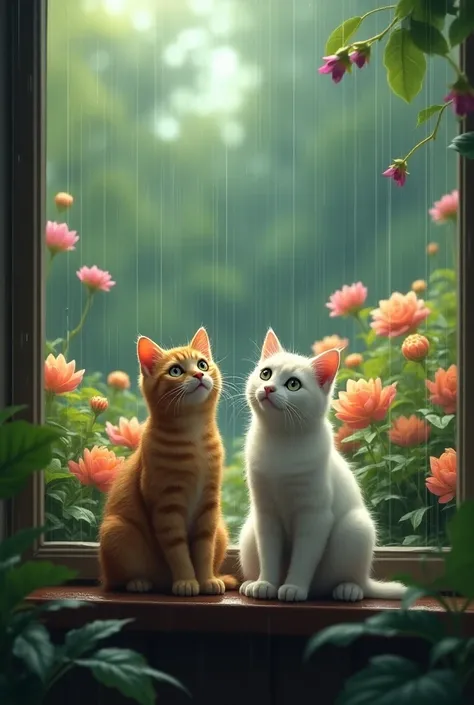 couple of cats together watching the heavy rain hit the flowers and trees in the garden