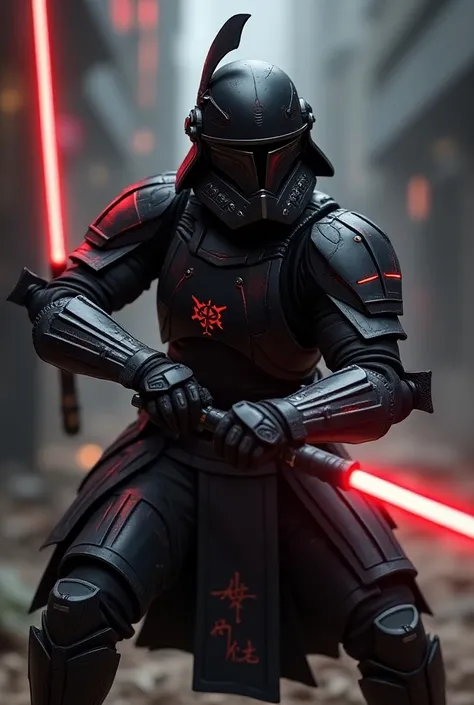 Make a Starwar soldier but with dark samurai-style armor and with a helmet from the soldiers of the republic but with samurai traits,  with him holding a red light sabre and with an anime footprint 