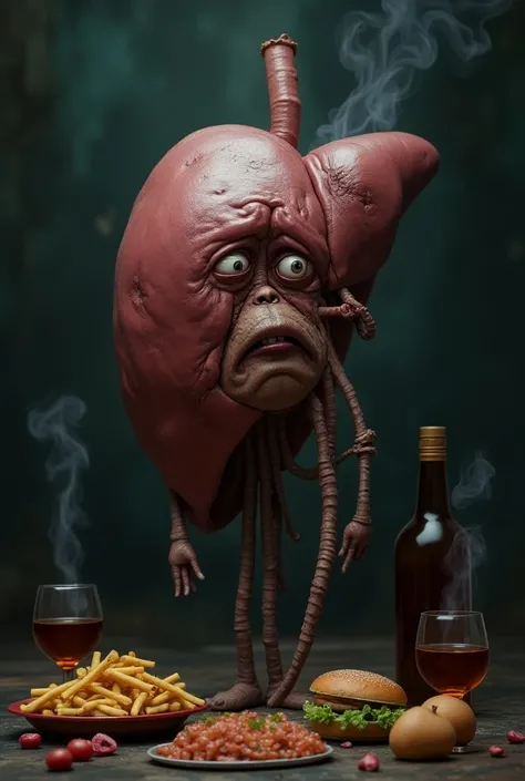  Based on the works of Susano Correia ,  I want him to generate a humanized human liver ,  so that it has a face ,  I want your sad face ,  I want you to portray him as sick ,  and that around there are things that harm the liver, Like fats , fast food, sm...