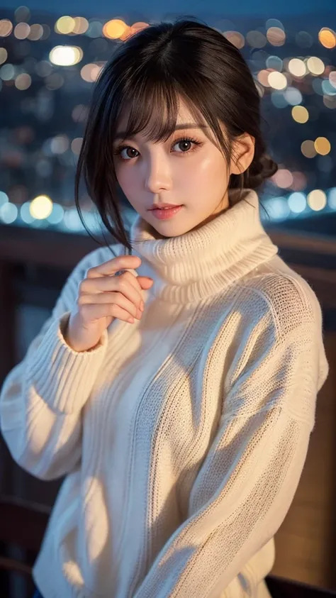 Best Quality　 face up 　Condescending　Small mouth　A super beautiful Japanese woman　Sparkling Eyes　 Glamorous Body 　 boyish hair　Thick, fluffy knit sweater hand-knitted with turtleneck　 Seductive Poses　 ball blurry light only background　Night view from a hig...