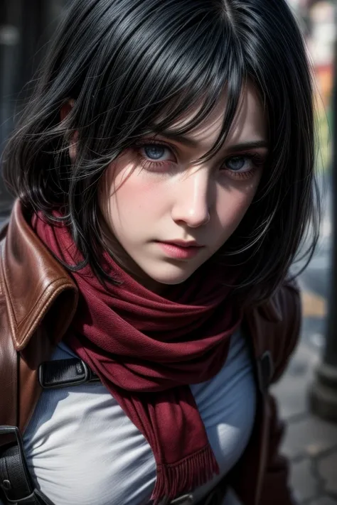 a girl, mikasa, with striking black eyes, beautiful detailed eyes, beautiful detailed lips, extremely detailed face, long eyelashes, bright black eyes, fair skin, short dark hair, wearing a scarf, badge, belt, thigh strap, red scarf, white pants, brown jac...