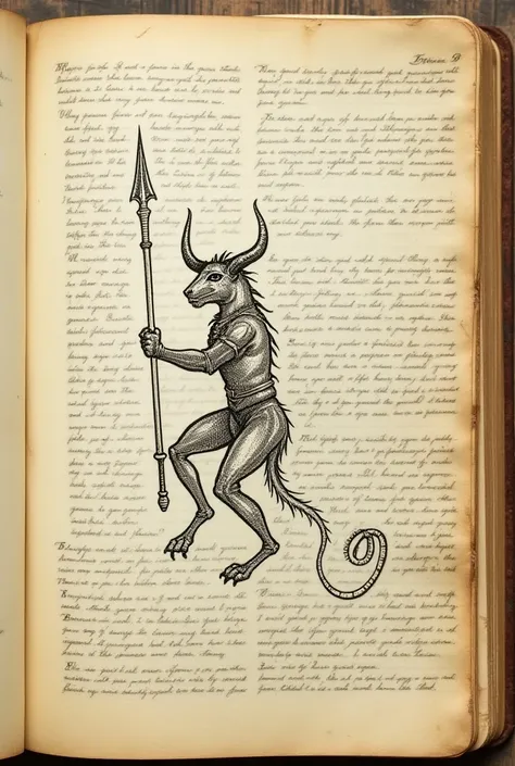 One page of a book with old sheets.  Exactly top view of picture format . Close-up in the center , even bigger picture :  DND tifling creatures with horns and tail with handwritten notes,  image of medieval weapons , Monsters,  The page is filled with very...