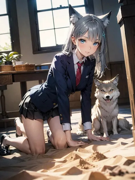  Perfect Anatomy,masterpiece, high resolution on down, Super detailed,Sand Wolf Shiroko,  animal ears ,  blue eyes, Grey Hair,  hair ornament, hairpin, blazers、 pleated skirt、tie、School、indoor