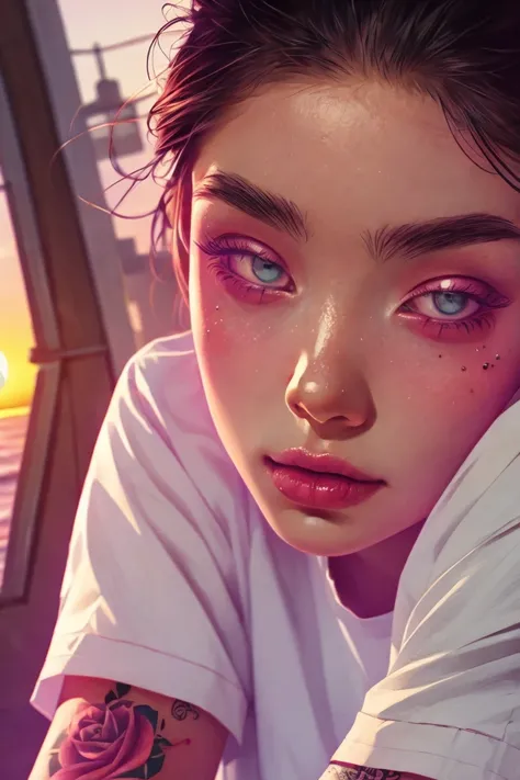 (woman masterpiece, highest quality, best quality, official art , ,delicate and beautiful face, dreamy cold eyes, (((Colorful tattoo))),((Sunset)) , [red lip], (long wrinkled white shirt), (((very delicate and beautiful))) (sitting), expressionless, {( col...