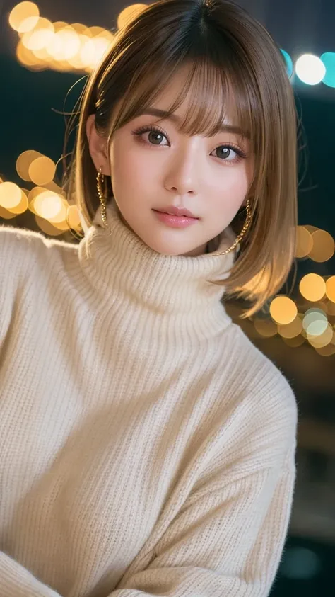 Best Quality　 face up 　Condescending　Small mouth　A super beautiful Japanese woman　Sparkling Eyes　 Glamorous Body 　 boyish hair　Thick, fluffy, cream-colored knit sweater hand-knitted with turtleneck　 Seductive Poses　 ball blurry light only background　Night ...