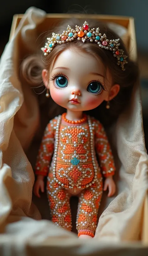 A doll made of beads, sophisticated handmade doll, in a box ready to be presented, realistic detailed composition, very cute and adorable