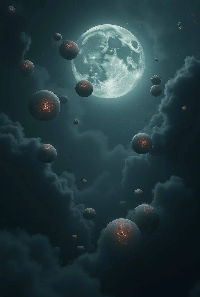  Gray spheres in the dark gray sky with strange symbols inside and a giant moon. The spheres are high in the sky and have very bright stars . Half-transparent spheres 